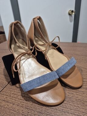 EUC Talbots Leather And Denim Look Ankle Tie Sandals